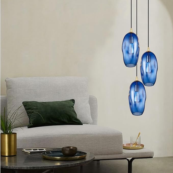 Blue Pendant Light Fixtures Adjustable 12.5'' Height Modern Kitchen Island Lighting Glass Organic Ceiling Hanging Light Fixtures for Bar, Counter, Patio, Over Sink, Dining Room,Table - Blue