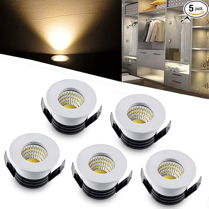 5 Pack 3W Mini LED Recessed Lighting, 1 Inch Recessed LED Lights, Under Cabinet Lighting Under Cabinet Lights 300LM 3000K Warm White AC 110V/220V Lights with Driver Power Supply