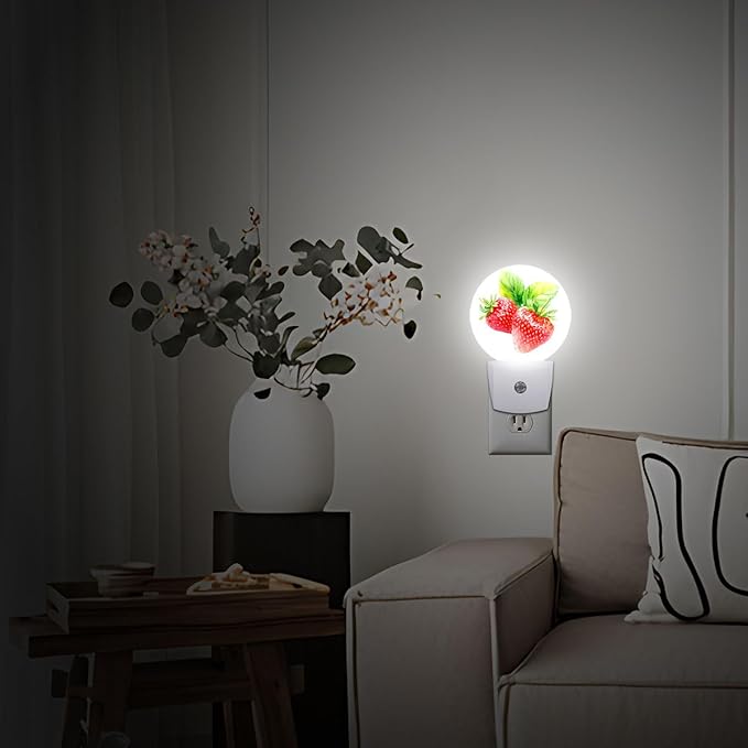 Red Strawberry Night Light Plug Into Wall Auto Led Sleep Round Lamp for Living Room Hallway Stairs