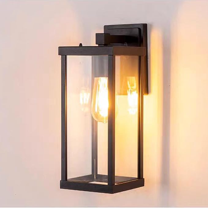 Outdoor Wall Light Fixtures, Exterior Waterproof Lanterns, Porch Sconces Wall Mounted Lighting with E26 Sockets & Glass Shades, Modern Matte Black Wall Lamps for Patio Front Door Entryway (3)