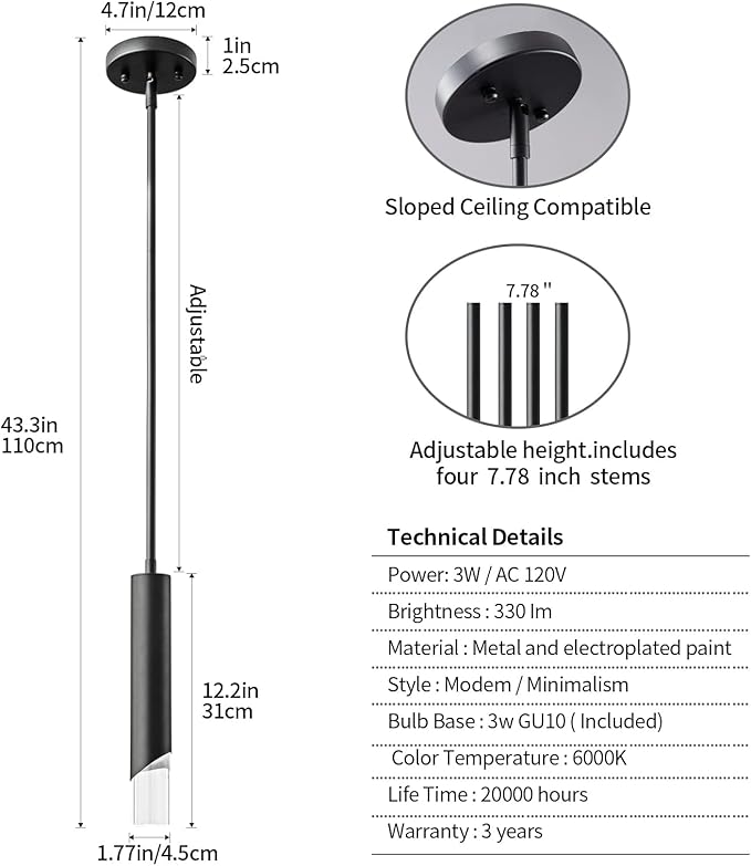 Modern Pendent Lights in Kitchen, Black Mini Pendant Light Bedroom Bedside Table Small Chandelier, Metal Rod Ceiling Pendant Lighting for Kitchen Island Bedroom Restaurant bar (2-Pack)