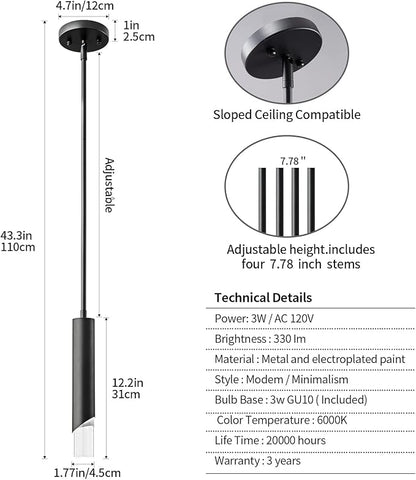 Modern Pendent Lights in Kitchen, Black Mini Pendant Light Bedroom Bedside Table Small Chandelier, Metal Rod Ceiling Pendant Lighting for Kitchen Island Bedroom Restaurant bar (1-Pack)