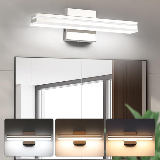 SineRise LED Modern Bathroom Vanity Light Fixtures (16-Inch, 3000K/4000K/6000K, Dimmable), Chrome Modern Acrylic Bathroom Wall Lighting Fixtures Over Mirror