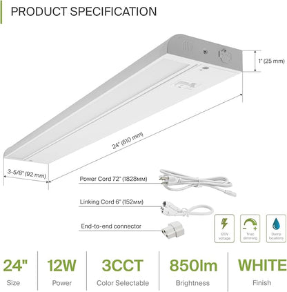 ASD Swivel LED Under Cabinet Lighting Plug in or Hardwired 24 Inch, Dimmable Under Cabinet Lights with High/Low/Off Switch, 3CCT 2700K-4000K, Linkable Under Counter Lights for Kitchen, White, ETL