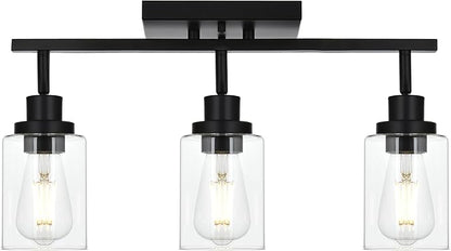 3-Light Track Lighting Kit Black Track Lighting Fixtures Bathroom Wall Sconces Ceiling Mount Kitchen Tracking Lights, Rotatable Spotlight with Clear Glass Shade for Kitchen Shop Hallway