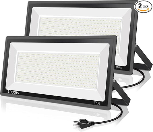 YANYCN 2 Pack 1000W LED Flood Light Outdoor,4250W Equivalent Super Bright 99500LM 5000K Daylight White FloodLight with Plug,IP66 Waterproof Commercial Lighting for Sports Fields,Counts,Arena,Stadium