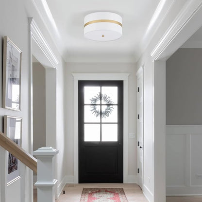 Semi Flush Mount Ceiling Light Fixture, Thin Pale Gold Brush Paint Finish Modern Ceiling Lamp with Cream White Fabric Drum Shade for Nursery Kids Room Bedroom Kitchen Hallway Entryway 3-Light