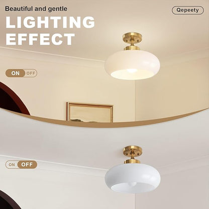 2 Pack Modern Semi Flush Mount Ceiling Light 1-Light Gold Ceiling Light Milky White Glass Shade Vintage Gold E26 Socket (Bulbs Not Included) Rustic Ceiling Light Fixture for Bar Cafe Office