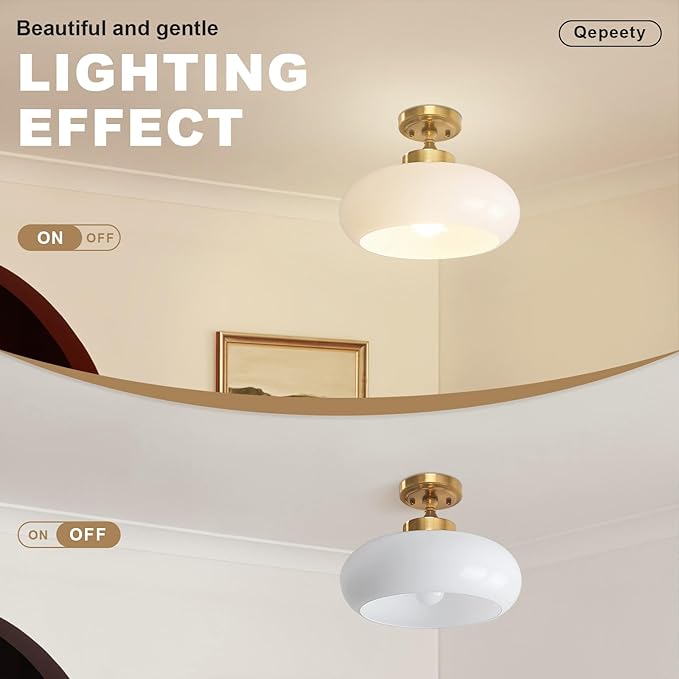 Milky White Glass Semi Flush Mount Ceiling Light, 11.02" Mid Century Modern Gold Close to Ceiling Light Fixture, Vintage Ceiling Lamp for Bedroom Hallway Kitchen Entryway