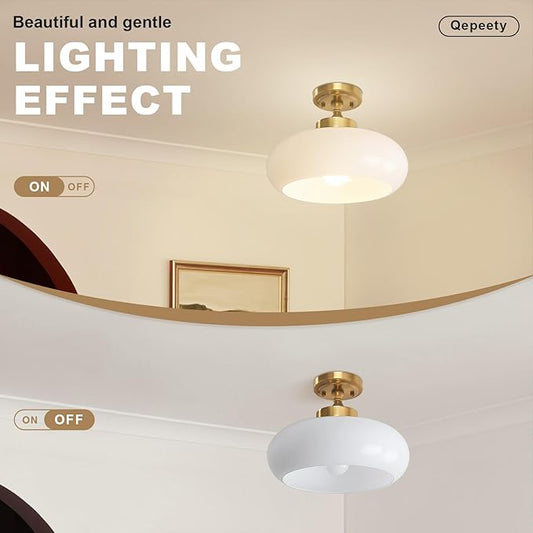 Milky White Glass Semi Flush Mount Ceiling Light, 11.02" Mid Century Modern Gold Close to Ceiling Light Fixture, Vintage Ceiling Lamp for Bedroom Hallway Kitchen Entryway