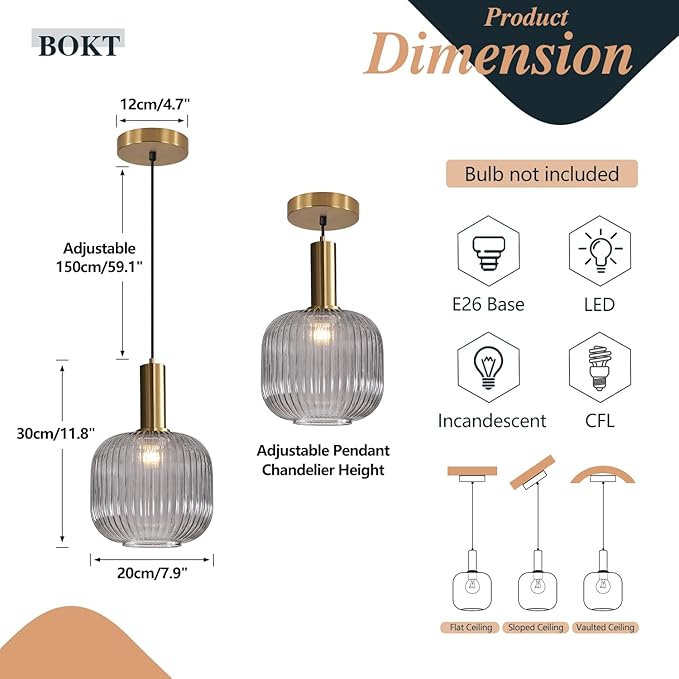 BOKT Modern 1-Light Gold Globe Pendant Light Mid Century Smoke Gray Ceiling Pendant Lighting Glass Ball Round Pendant Lamp Single Brushed Brass Pendant Light Fixture Kitchen Island (Smoke Gray)