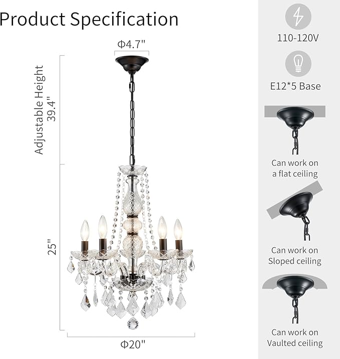 WUZUPS Crystal 5-Light Candle Chandelier Pendant Flushmount Ceiling Light Modern Lighting Fixture for Bedroom Hallway Bar Kitchen Bathroom, H 25" x W 20", Black, E12 Base