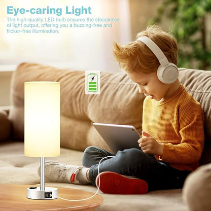 Fenmzee White Touch Bedroom Table Lamp - 3 Way Dimmable Bedside Lamp USB C A Charging Ports and AC Outlet, Small Lamp Nightstand with Silver Base for Living Room, Office Desk, LED Bulb Included