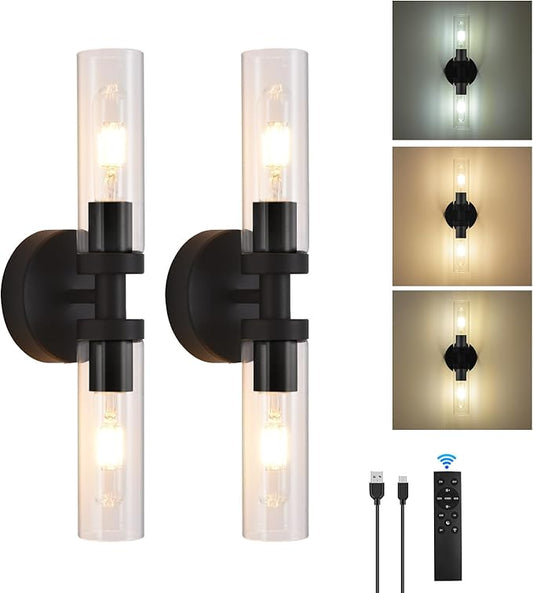 Battery Operated Wall Sconces Set of 2, 330° Rotation 3000K-6000K Dimmable Wireless Wall Sconce with Clear Glass Black 10400mAh USB Rechargeable Wall Lights with Remote Bulbs Included 2 Pack