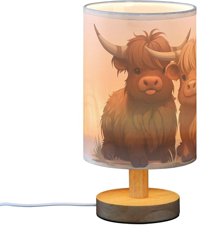Bedside Table Lamp Fun Highland Cow Animal Nightstand Lamp with Wood Desk Lamps for Bedroom Living Room Nursery Office Home Decor