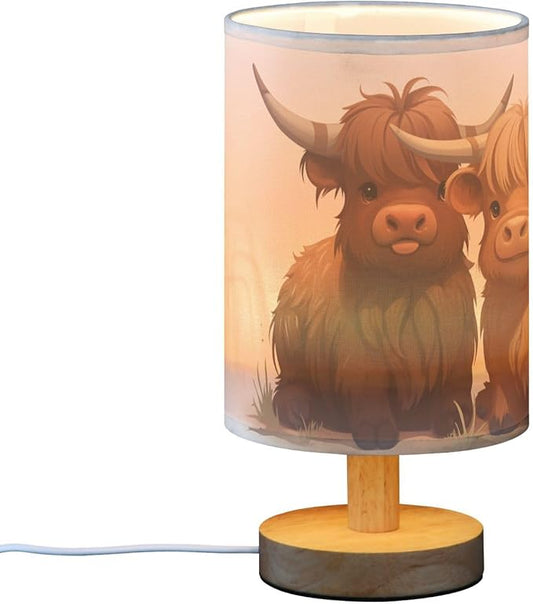 Bedside Table Lamp Fun Highland Cow Animal Nightstand Lamp with Wood Desk Lamps for Bedroom Living Room Nursery Office Home Decor