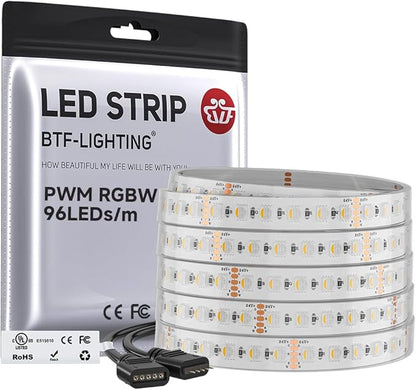 BTF-LIGHTING 5050 RGBW RGB+Warm White(2700K-3000K) 4 Colors in 1 LED 5m 16.4ft 96LED/m DC24V Multi-Colored LED Tape Lights IP67 Waterproof White 14mm PCB for Home Decoration(No Adapter or Controller)