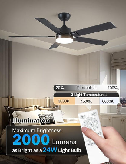 Rayqueen 52 Inch Ceiling Fans with Lights and Remote, 6 Speed Reversible DC Motor, 3CCT Dimmable LED, Black Modern Ceiling Fan for Bedroom, Living room & Covered Outdoor,Includes Downrod