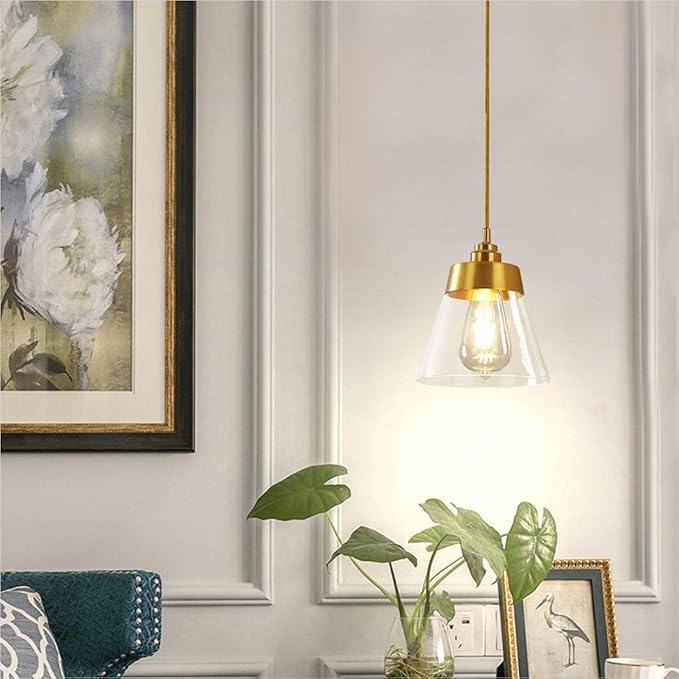 Modo Lighting Glass Pendant Light Metal Antique Brushed Brass Pendant Light Fixtures with Clear Glass Shade Modern Adjustable Hanging Light for Living Room Kitchen Island, Gold