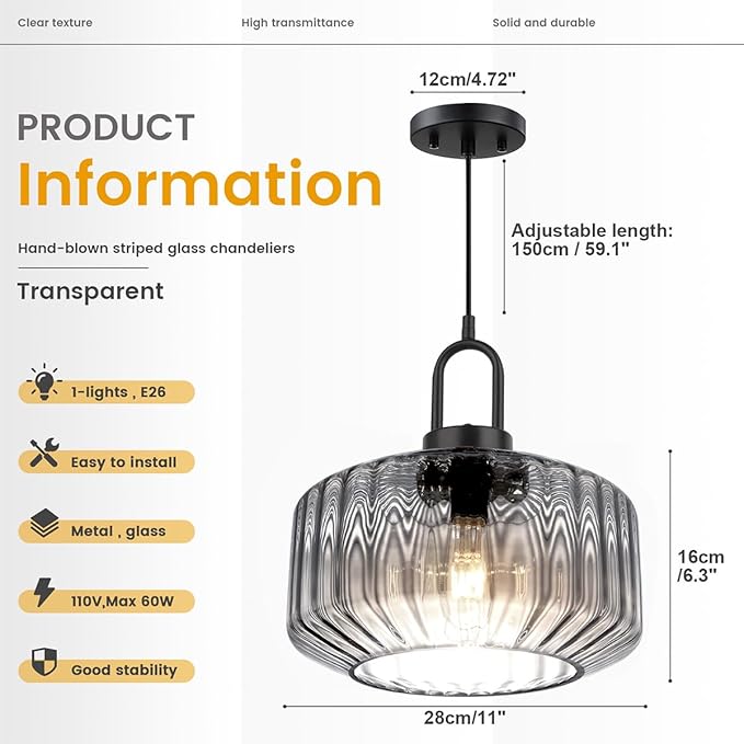 Gray Pendant Light Fixture Large Glass Pendant Light Fixture Vintage Industrial Ceiling Hanging Lights 11" Striped Wave Shade Black Metal Ceiling Hanging Lighting Farmhouse Kitchen