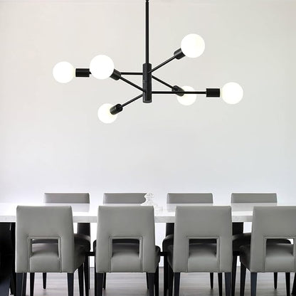 HHR Black Sputnik Ceiling Light, 6-Light Modern Chandelier with Adjustable Height, Mid Century Ceiling Lighting Fixture for Dining Room Kitchen Island Farmhouse