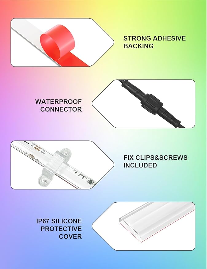 20ft/6m COB LED Strip Lights, RGB Smart IC, IP67 Waterproof, Dimmable , Color Flowing Tape Light with App Control & Music Sync, Dotless LED Light for Outdoor, Patio, christmas & Party Decorations