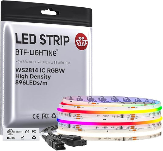 BTF-LIGHTING FCOB COB LED Strip WS2814 Smart IC RGBW 4000K, UL Listed 896LEDs/m High Density Color Chasing Uniform Light, DC24V 9.8FT 12mm Width for Home Party DIY Decor(No Adapter or Controller)