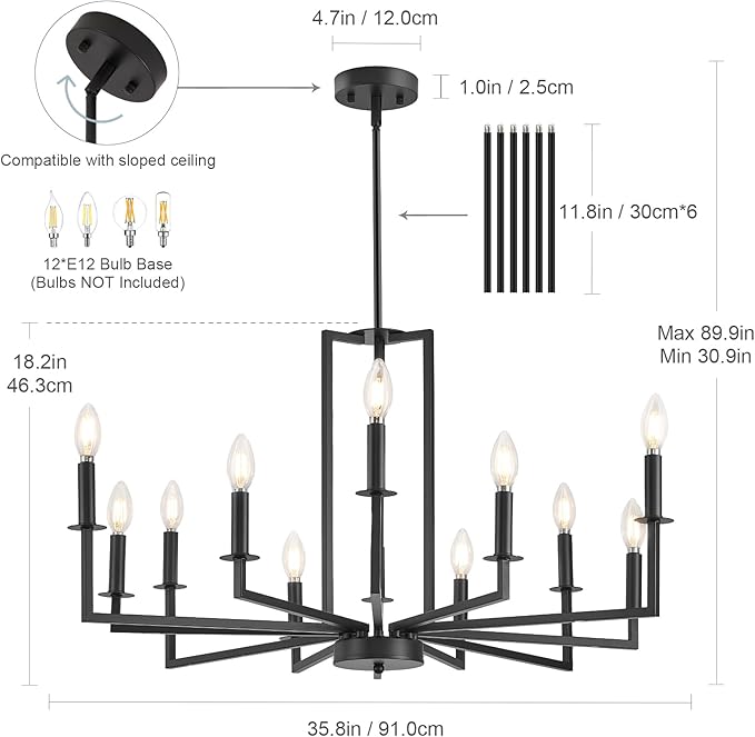 Modern Black Chandelier, Farmhouse Candle Dining Room Chandeliers Over Table, Metal Hanging Pendant Light Fixture for Kitchen, Foyer, Bedroom, Living Room, Staircase, Entryway, 12-Light