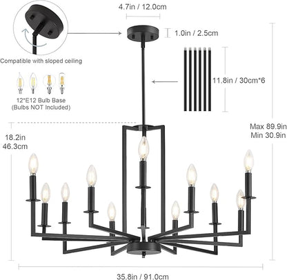 Modern Black Chandelier, Farmhouse Candle Dining Room Chandeliers Over Table, Metal Hanging Pendant Light Fixture for Kitchen, Foyer, Bedroom, Living Room, Staircase, Entryway, 12-Light