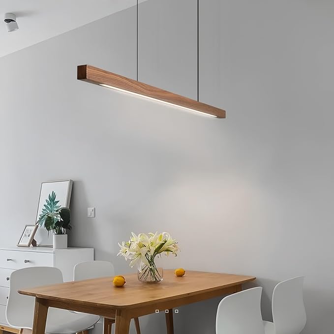 Modern LED Chandelier Walnut Color Dining Room Kitchen Island Long Hanging Lights Restaurant Office Coffee Home Lighting Ash Wood Remote Control Dimmable (2 Round Bases, 100cm(39.3in))