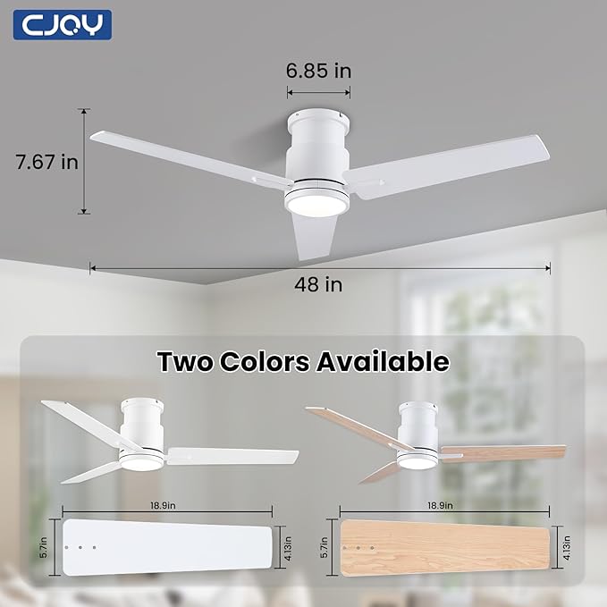 CJOY Ceiling Fan with Lights, 48 Inch Low Profile Ceiling Fans with Light and Remote, Reversible DC, Flush Mount, 3CCT，Dimmable, Modern Indoor/Outdoor Design for Bedroom, Living Room, Patio, Kitchen