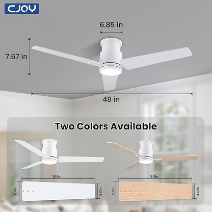CJOY Ceiling Fan with Lights, 48 Inch Low Profile Ceiling Fans with Light and Remote, Reversible DC, Flush Mount, 3CCT，Dimmable, Modern Indoor/Outdoor Design for Bedroom, Living Room, Patio, Kitchen