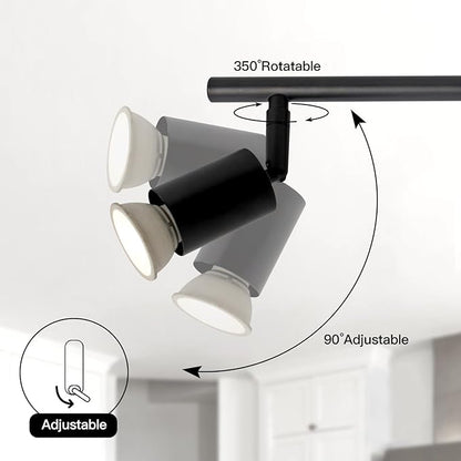 4-Light GU10 Track Lighting, Black Adjustable Ceiling Spot Light Kit, Industrial Flush Mount LED Track Light for Kitchen, Hallway, Living Room