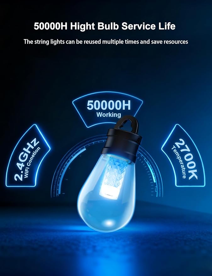 APPECK Outdoor String Lights, 200ft Smart RGBW Patio Lights for Outside with 60 LED Bulbs, Extenable, 111 Scene Modes, IP65 Waterproof Lighting for Backyard, Dimmable Warm White, Compatible with Alexa