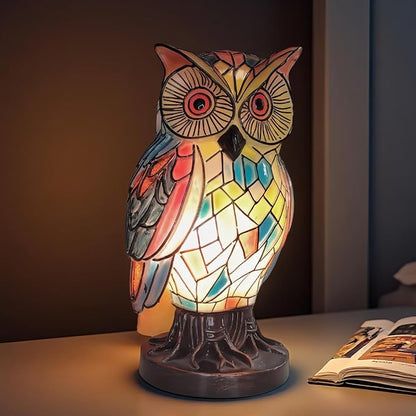 Owl Lamp Tiffany Style Stained Vintage Resin Colorful Tiffany Owl Table Lamps for Bedroom Living Room Nursery Office, Whimsical Animal Desk Lamp, Birthday Gifts for Girl Mother Grandmother Woman.