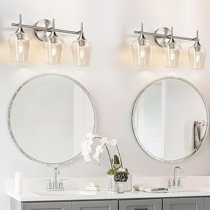 MOKATNG 3-Light Bathroom Light Fixtures, 19.5 in Brushed Nickle Vanity Lights for Bathroom with Clear Glass, Bathroom Lighting Fixtures Over Mirror, Modern Wall lamp for Cabinet Hallway