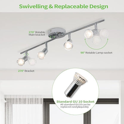 Qcyuui Modern 4-Light Track Lighting Kit, Flush Mount Wall/Ceiling Spot Lights Fixture, LED Track Lighting with Chrome Rotatable Light Head for Kitchen Living Room, 4×GU10 Bulb (Included)