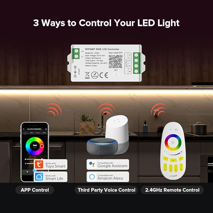 SEZO C03W WiFi Bluetooth RGB LED Strip Controller Group Control Support Tuya Smart Life APP/Voice Control Compatible with LM091 LM096 LM007 LM097 RGB Remote DC12-24V