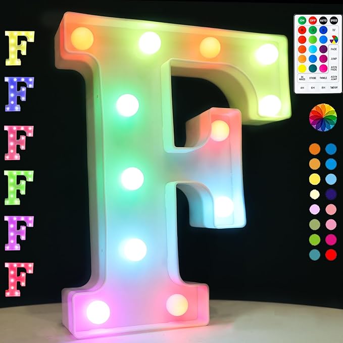 LED Marquee Letter Lights, 18 Colors Changing Light Up Letters with Remote, RGB Alphabet Letters Sign for Girls Boys Gift Birthday Party Night Light Bedroom Wedding Christmas Decor-Colorful F