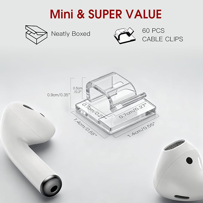 60PCS Adhesive Cable Clips, Heavy-Duty Cord Clips for Cable Management, Outdoor Christmas Light Clips Hooks, Traceless Clear Wire Holders Cord Organizer for Wall, Desk, LED, Car(Small)