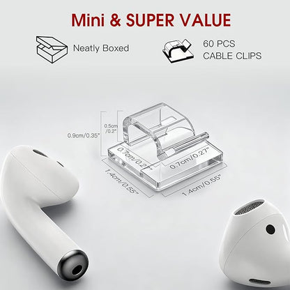 60PCS Adhesive Cable Clips, Heavy-Duty Cord Clips for Cable Management, Outdoor Christmas Light Clips Hooks, Traceless Clear Wire Holders Cord Organizer for Wall, Desk, LED, Car(Small)