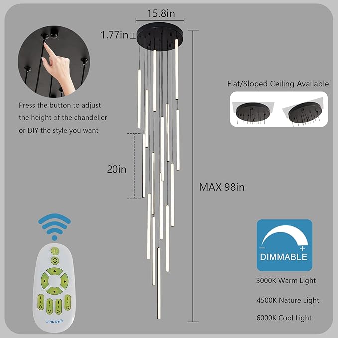 HuisMier Modern LED Staircase Chandelier, 15 Lights Long Foyer Chandeliers Black Linear Pendant Light with Remote, Dimmable High Ceiling Chandelier for Stairs Living Room Entrance, 3000K-6000K