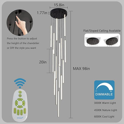 HuisMier Modern LED Staircase Chandelier, 15 Lights Long Foyer Chandeliers Black Linear Pendant Light with Remote, Dimmable High Ceiling Chandelier for Stairs Living Room Entrance, 3000K-6000K