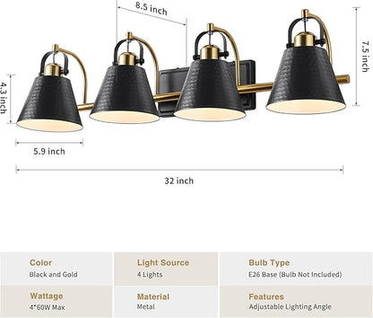 PAZALA Black and Gold Vanity Light, 4-Lights Farmhouse Vanity Light, Bathroom Light Fixtures Over Mirror, 24inch Modern Bathroom Wall lamp for Bath Mirror Living Room Cabinet Bedroom