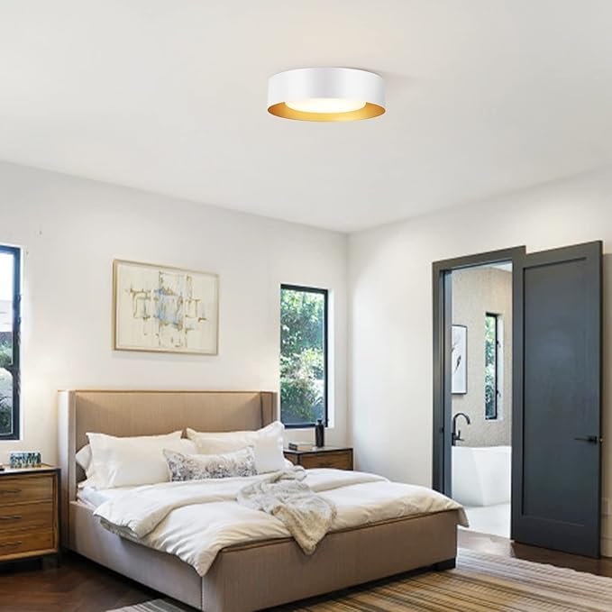 Yiisem Modern White and Gold Flush Mount Ceiling Lights, 16.5" Minimalist Glass Round Ceiling Lighting, Drum Close to Ceiling Light Fixtures for Living Room, Bedroom, Dining Room, Kitchen, Hallways