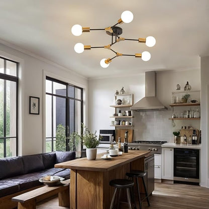 Modern Gold and Black Sputnik Semi Flush Mount Ceiling Light Fixture for Dining Room Living Room Bedroom Kitchen Closet Hallway Aisle, Mid Century Metal 6 Light Chandelier