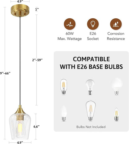 VONLUCE Pendant Lights Kitchen Island, Brushed Gold Pendant Light Fixtures with E26 Base & Adjustable Cable, Modern Pendant Lighting with Glass Shade for Living Room Bedroom Hallway, 2 Packs