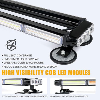 Xprite White Amber COB LED Rooftop Strobe Flashing Light Bar Double Side 26" High Visibility Emergency Hazard Warning Beacon Lights w/Magnetic Base for Safety Vehicles Tow Trucks Pickup Cars Snowplow