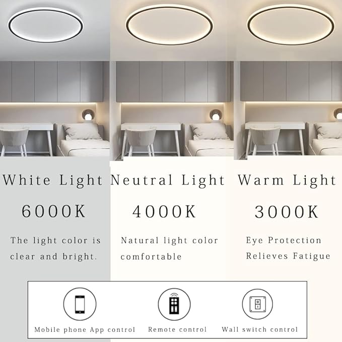 Dimmable LED Ceiling Light Fixture Flush Mount,24" Modern Round Recessed Ceiling Lamp with 3000K-6000K APP Adjustment,Black 66W Close to The Ceiling Lighting Living Room Bedroom