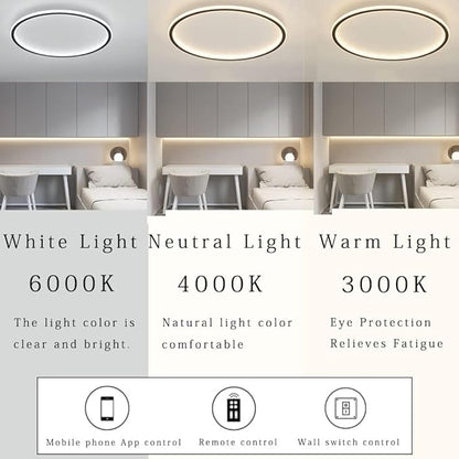 Dimmable LED Ceiling Light Fixture Flush Mount,24" Modern Round Recessed Ceiling Lamp with 3000K-6000K APP Adjustment,Black 66W Close to The Ceiling Lighting Living Room Bedroom